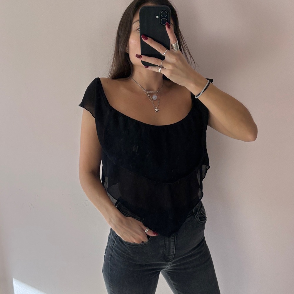 Tyche medium sheer black crop top strapless short sleeve layered ruffle shirt